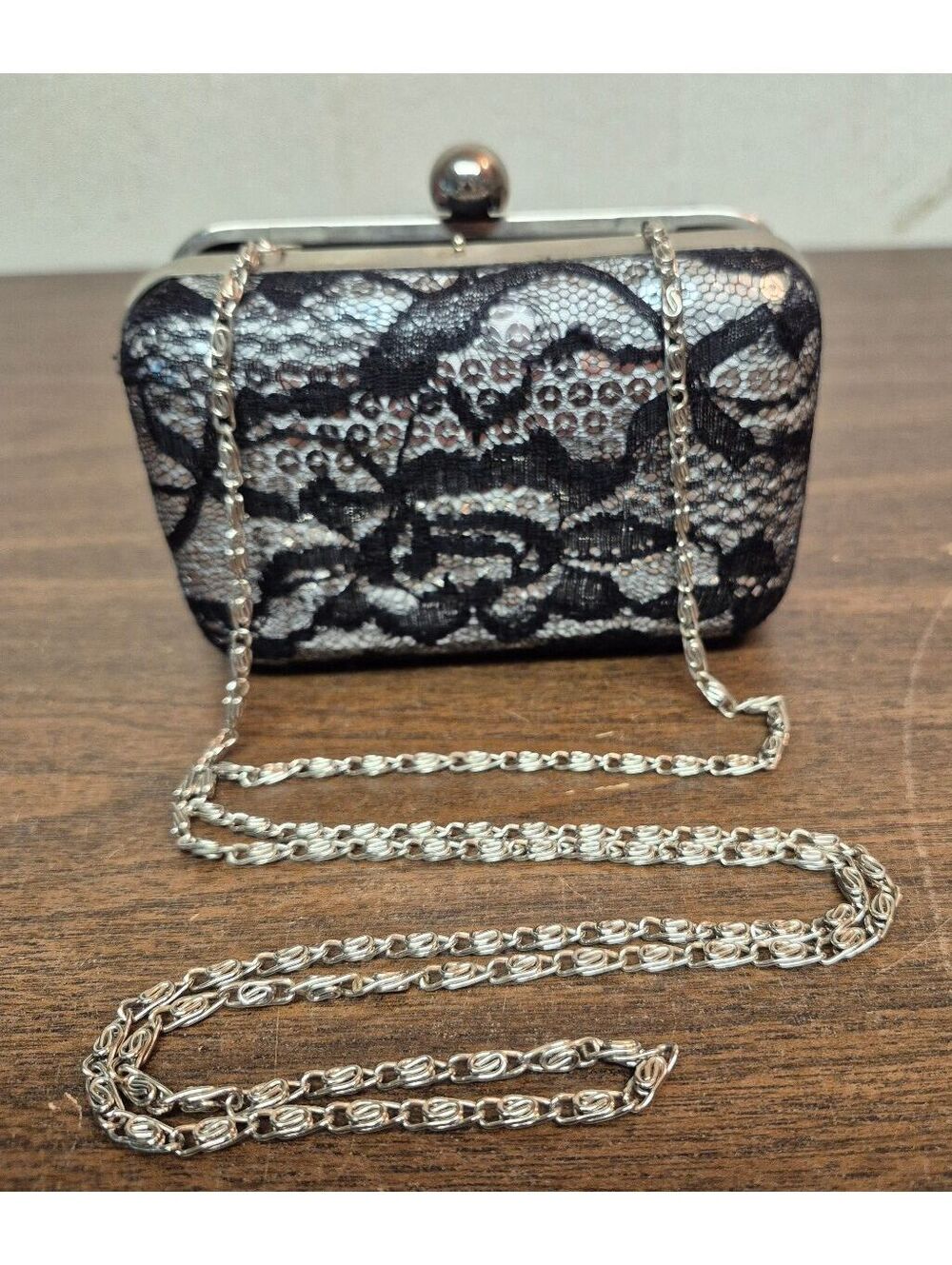 Vintage Black Lace and Sequin Evening Clutch with Silver Chain